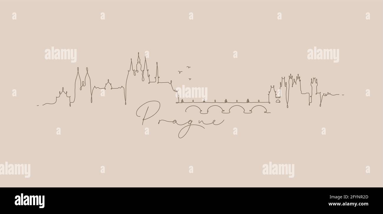 Città silhouette praga in disegno stile penna con marrone linee su sfondo beige Illustrazione Vettoriale