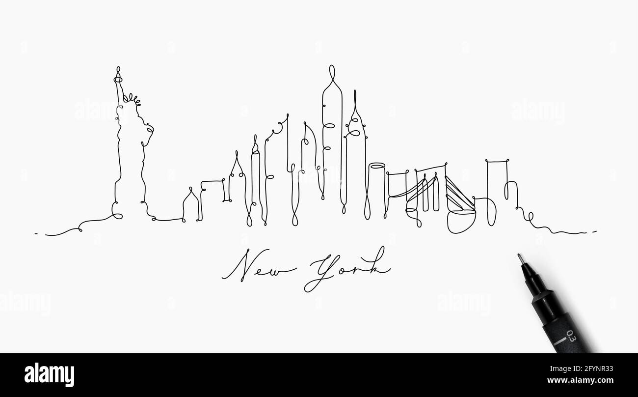Città silhouette New york in stile penna con disegno linee nere su sfondo bianco Illustrazione Vettoriale