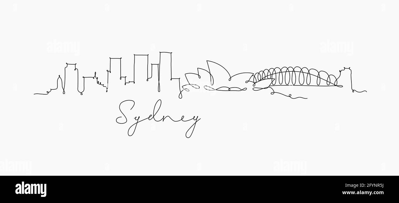 Città silhouette sydney in stile penna disegno con nero linee su sfondo bianco Foto Stock