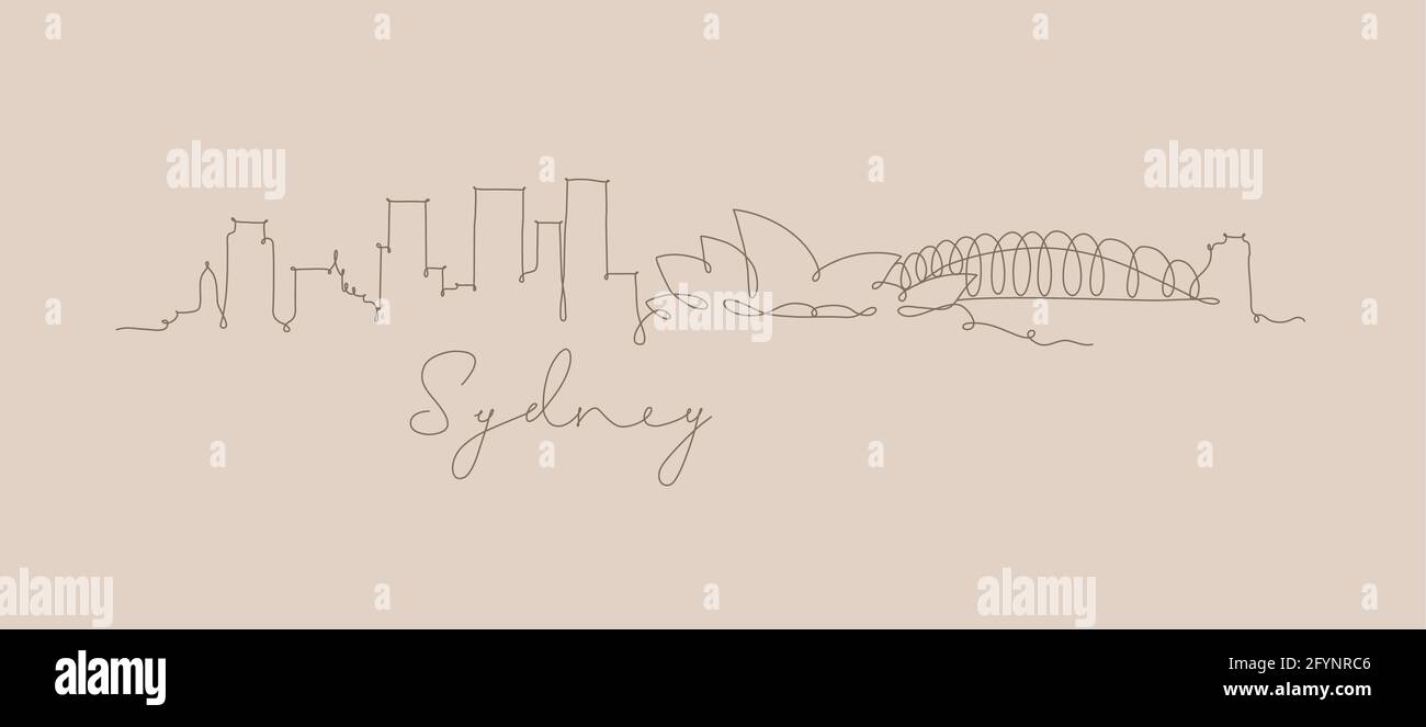 Città silhouette sydney in stile penna disegno con marrone linee su sfondo beige Illustrazione Vettoriale