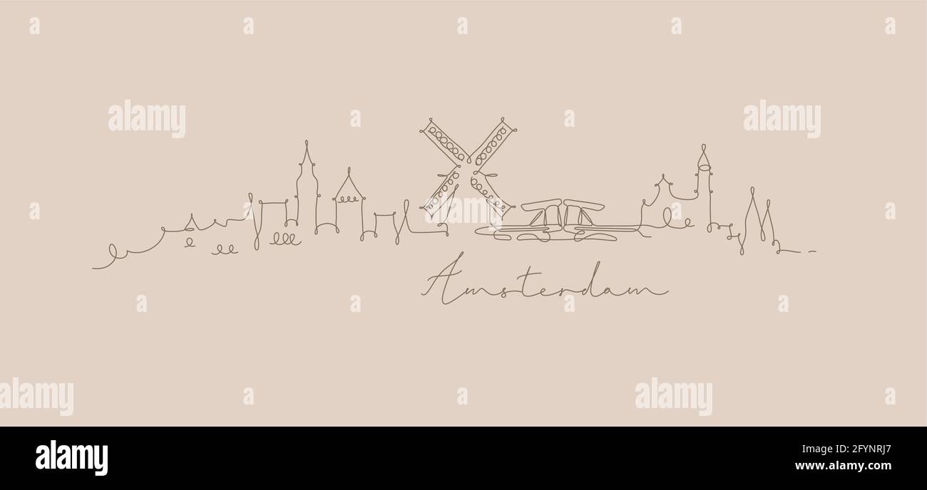 Città silhouette amsterdam in stile penna disegno con marrone linee su sfondo beige Illustrazione Vettoriale