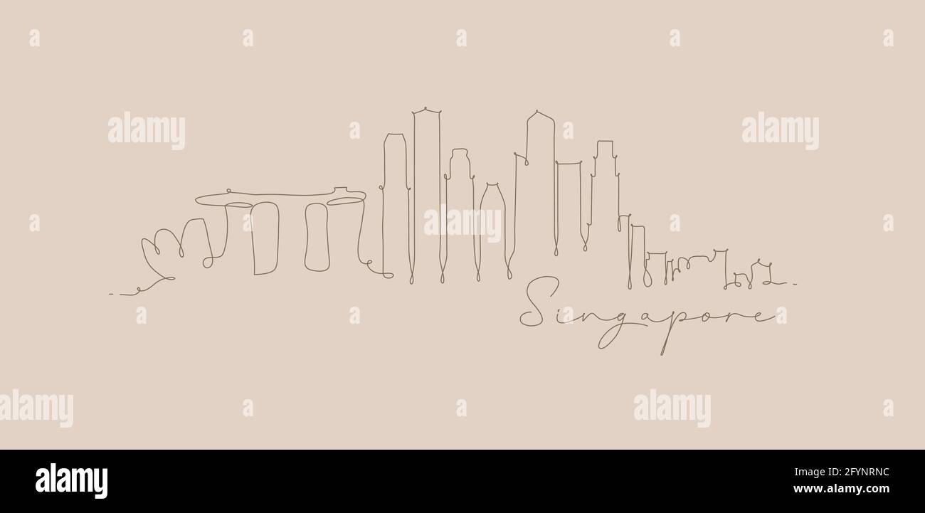 Silhouette cittadina singapore con disegno a penna di colore marrone linee su sfondo beige Illustrazione Vettoriale