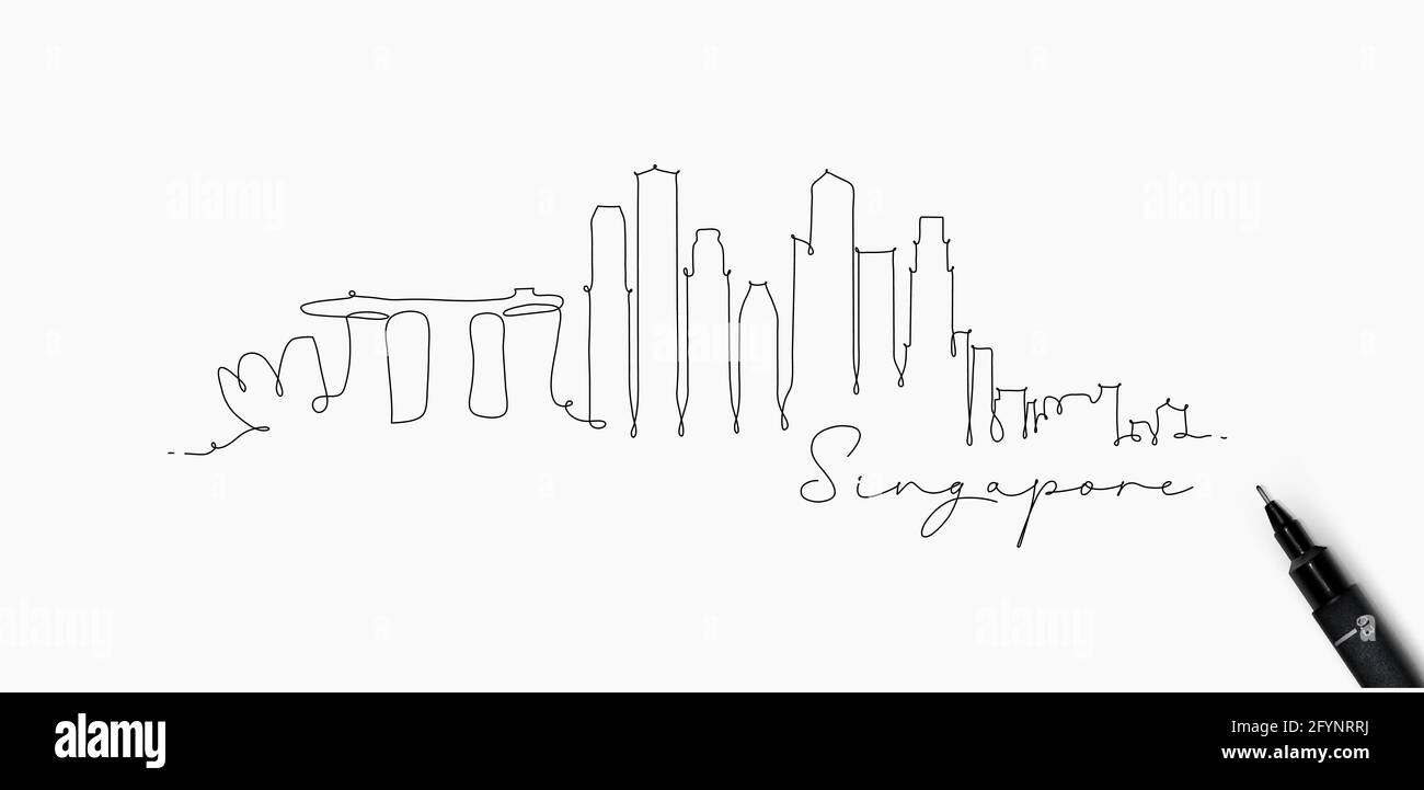 Città silhouette singapore in stile penna disegno con nero linee su sfondo bianco Illustrazione Vettoriale