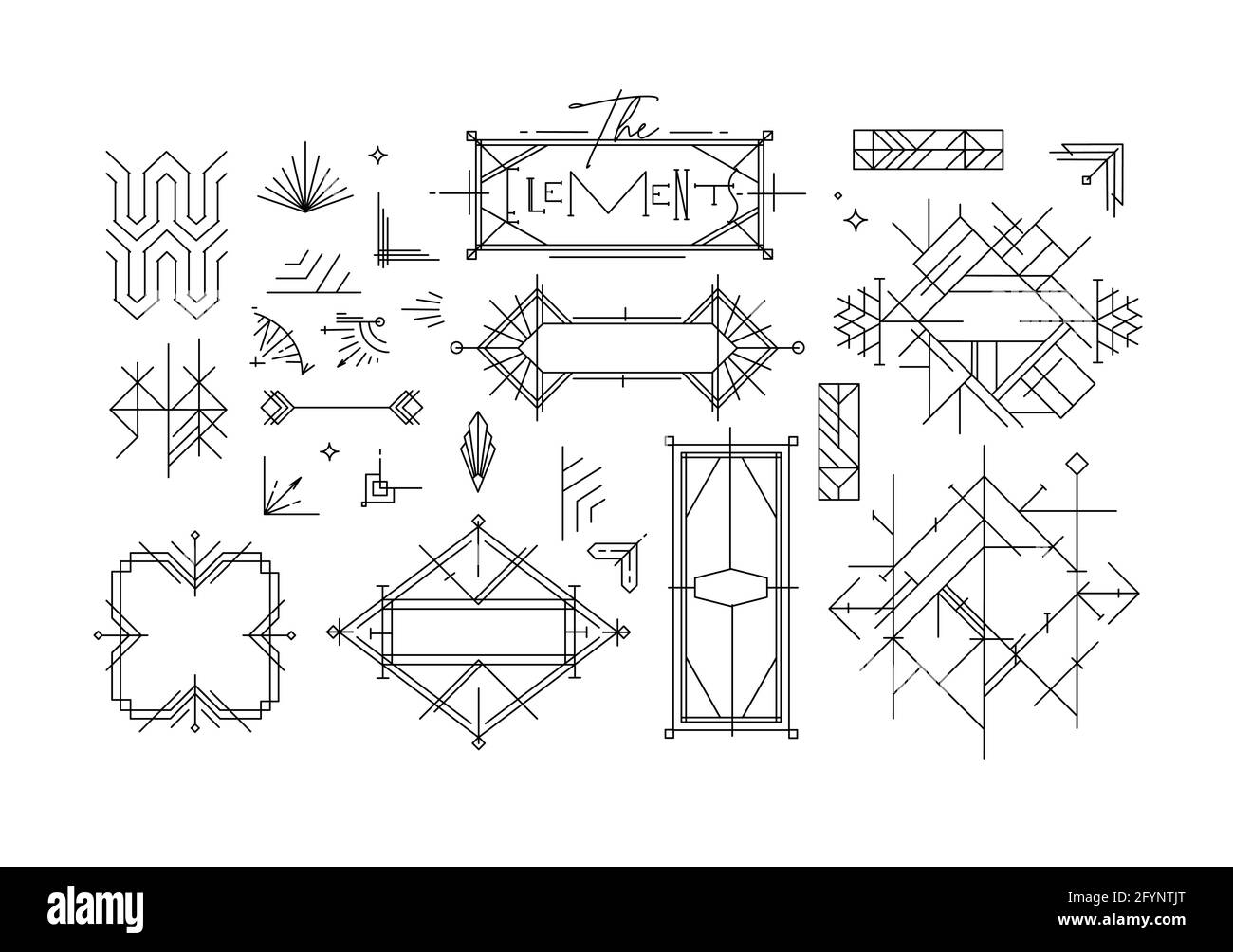 Elementi di design vintage art deco disegnati in stile linea sfondo bianco Illustrazione Vettoriale