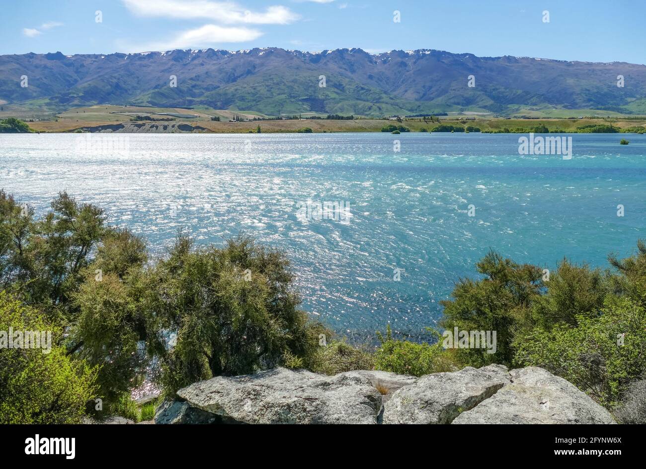 Scenario soleggiato al fiume Cutha all'Isola del Sud di Nuova Zelanda Foto Stock