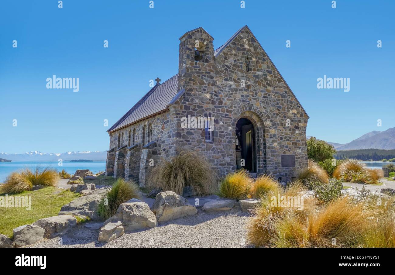 Chiesa del buon Pastore sul Lago Tekapo Isola del Sud della Nuova Zelanda Foto Stock