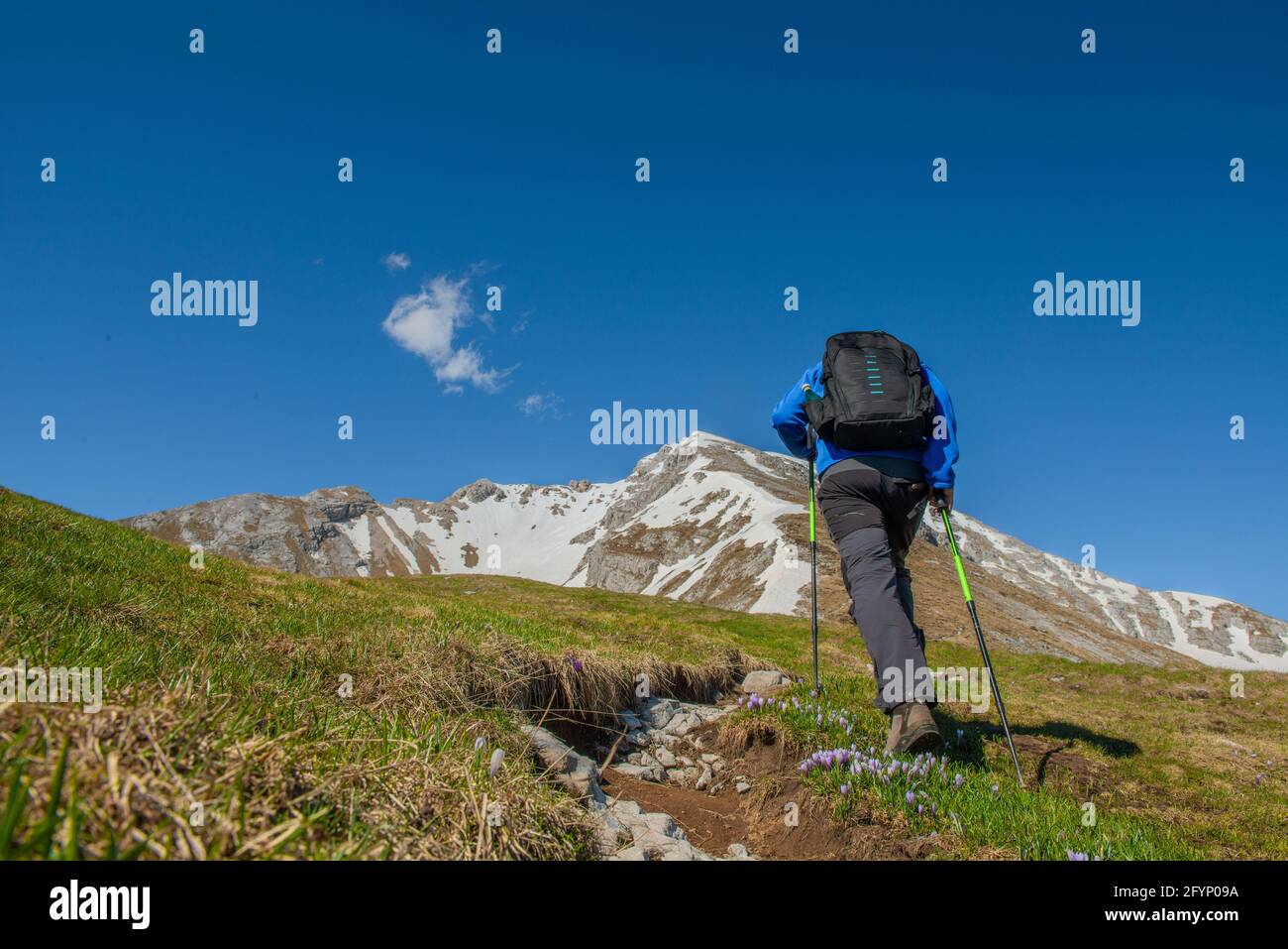 Oltre la collina Bergamo Italia 25 maggio 2021: Salita del Monte Arera oltre la collina con racchette da neve in primavera Foto Stock