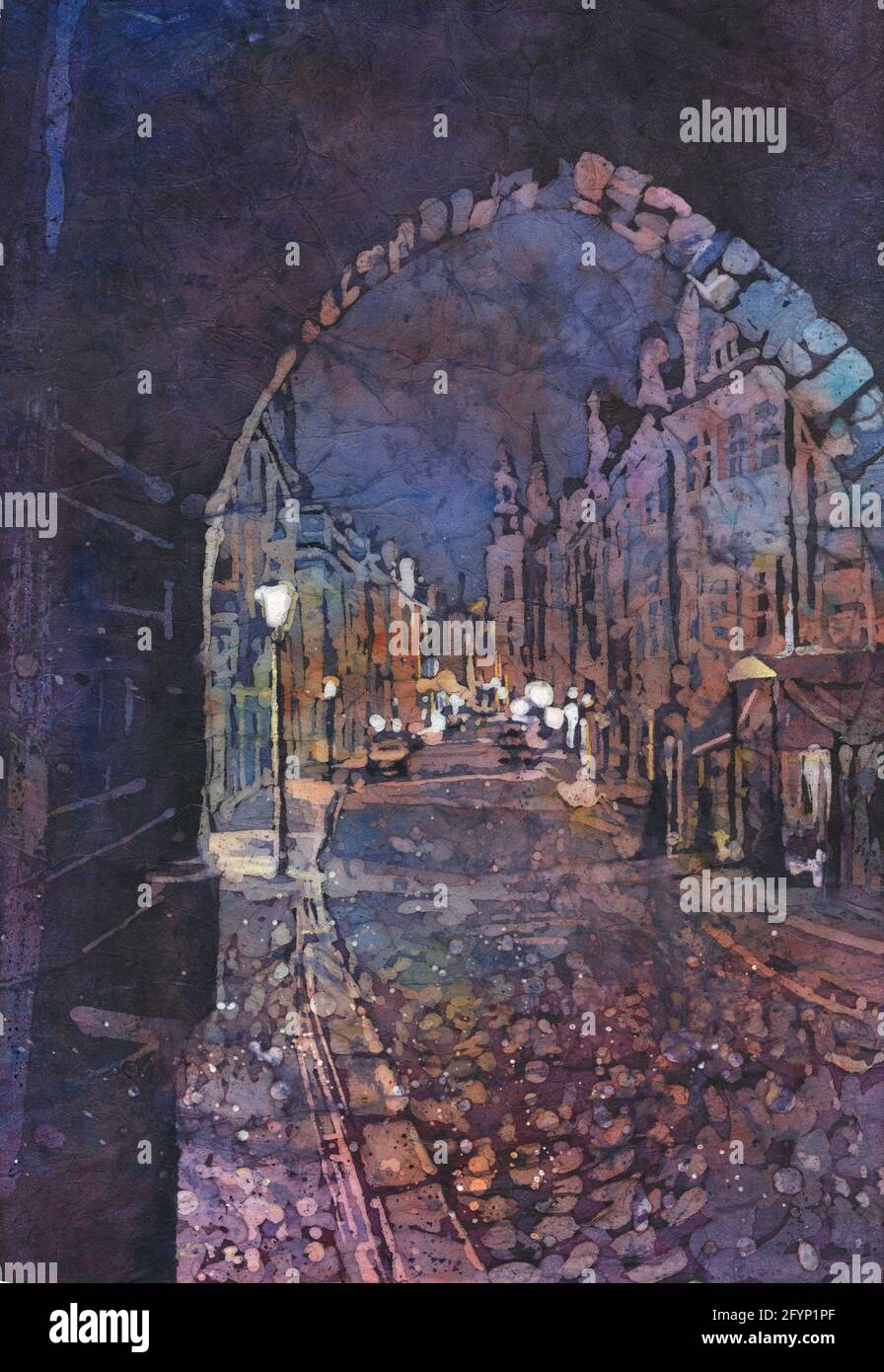 Città medievale di Praga, Repubblica Ceca di notte. Praga acquerello pittura strada arte acquerello batik pittura Foto Stock