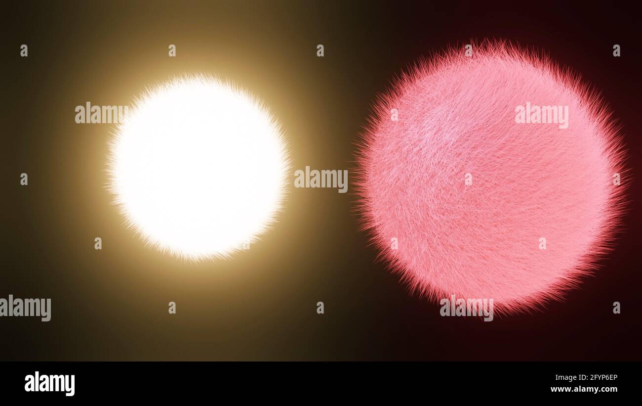 una pallina rossa e soffusante appesa nello spazio sotto un sole e uno spazio luminosi, illustrazione 3d, rendering 3d, sfondo notturno, sfondo nero, Foto Stock