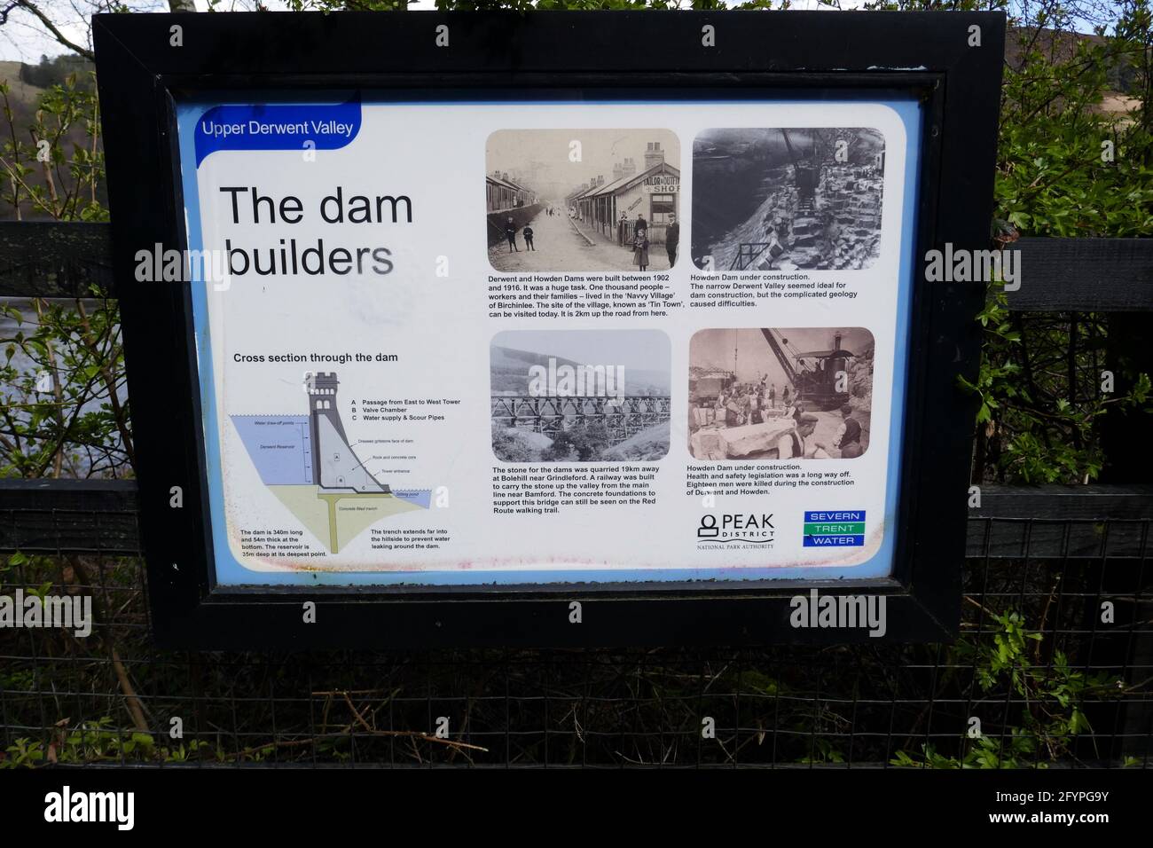 Cartello che spiega la costruzione del bacino idrico e della diga di Derwent, Ladybower, Peak District, Derbyshire, Regno Unito Foto Stock