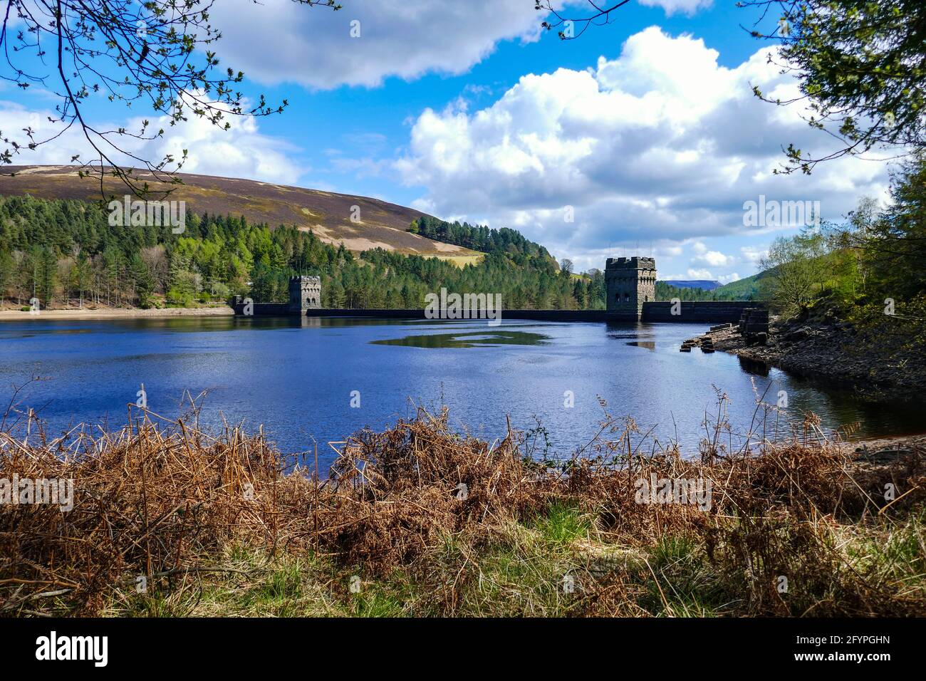Torri di pietra gritstone presso il bacino idrico e la diga di Derwent, Ladybower, Peak District, Derbyshire, Regno Unito Foto Stock