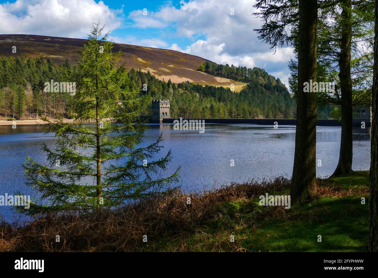 Torri di pietra gritstone presso il bacino idrico e la diga di Derwent, Ladybower, Peak District, Derbyshire, Regno Unito Foto Stock