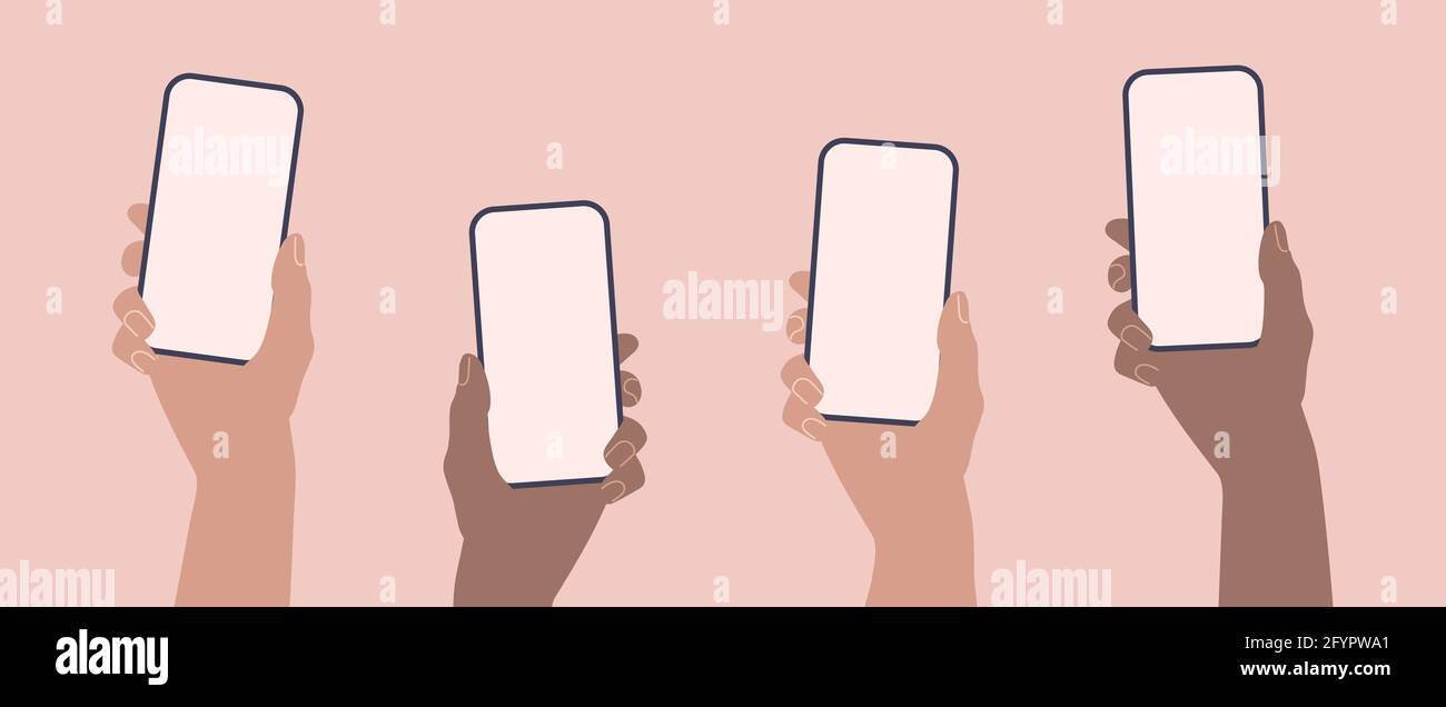 Mani che tengono i telefoni. Smartphone piatto con modello a schermo vuoto. Illustrazione Vettoriale