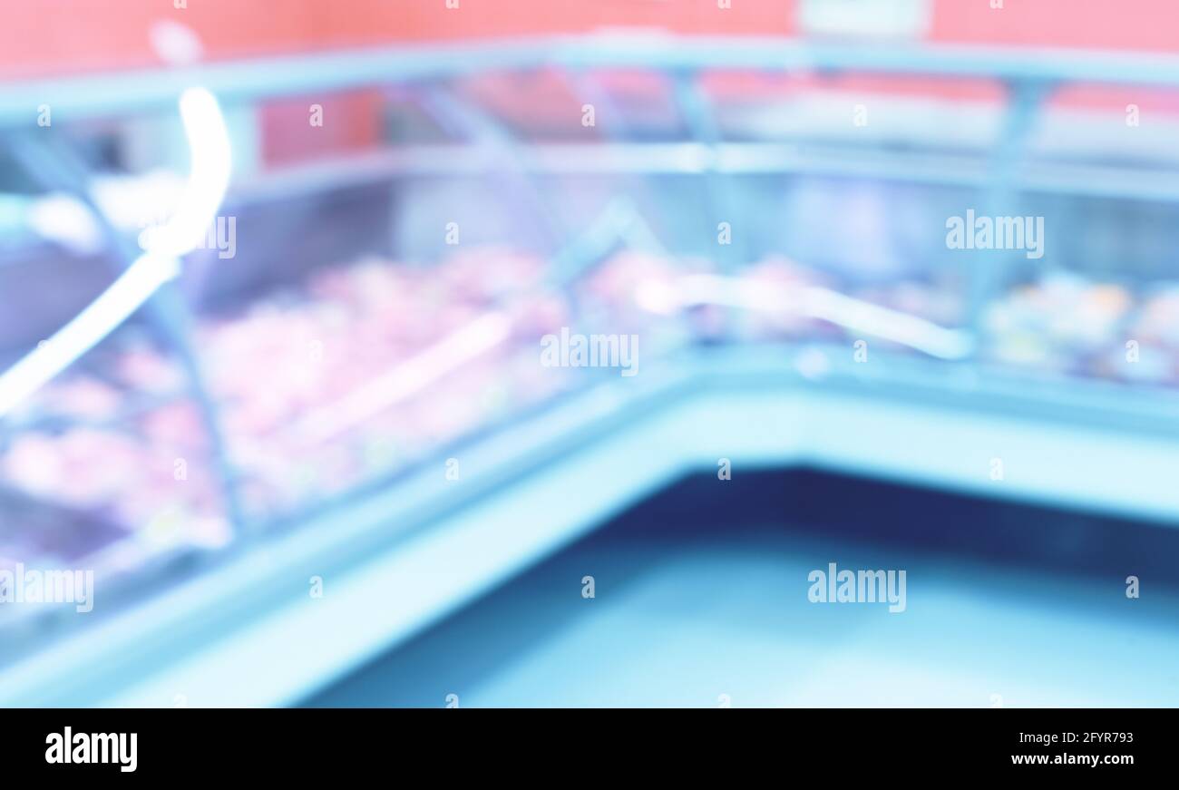 vetrina refrigerata angolare defocata Foto Stock