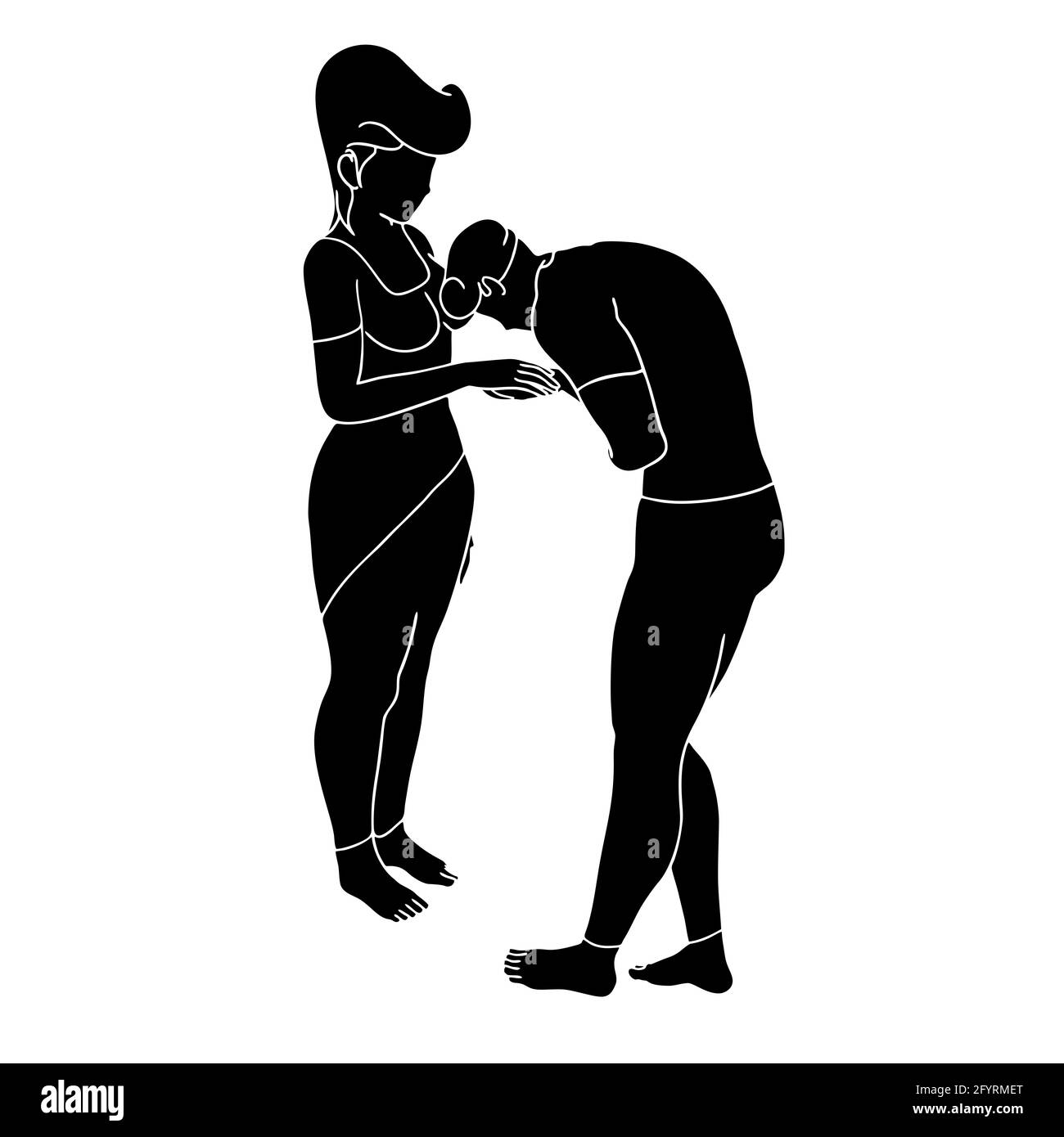 Illustrazione di un uomo che bacia una donna a portata di mano illustrata su sfondo bianco Foto Stock