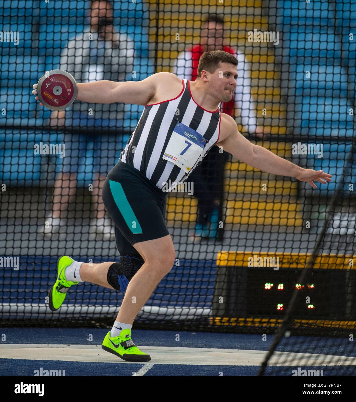 MANCHESTER - INGHILTERRA. 27 MAGGIO: Nicholas Percy in gara nel disco durante l'evento di atletica internazionale di Manchester a SportCity, Manchester ON Foto Stock