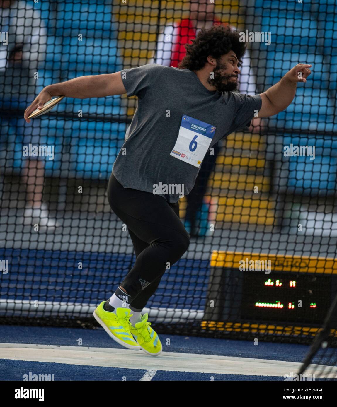 MANCHESTER - INGHILTERRA. 27 MAGGIO: Gregory Thompson in gara nel disco durante l'evento di atletica internazionale di Manchester a SportCity, Manchester ON Foto Stock