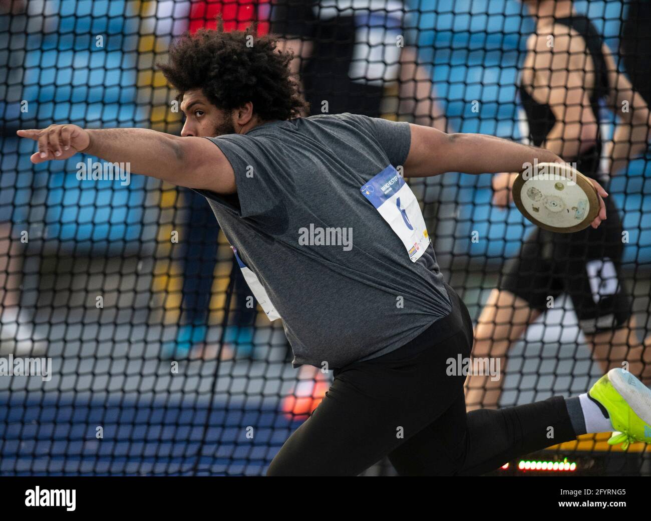 MANCHESTER - INGHILTERRA. 27 MAGGIO: Gregory Thompson in gara nel disco durante l'evento di atletica internazionale di Manchester a SportCity, Manchester ON Foto Stock