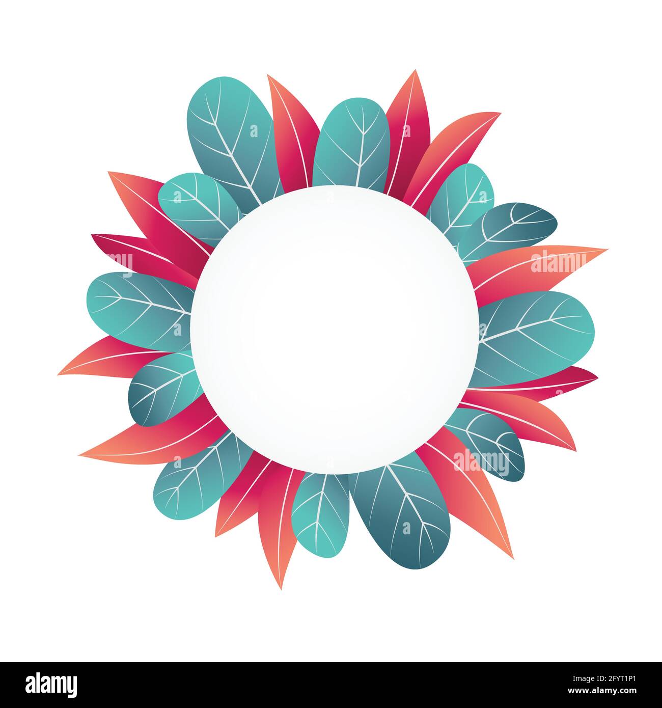 Cornice floreale circolare con spazio di testo vuoto e bordi in foglie colorate per poster, inviti, elementi di design e banner. Illustrazione Vettoriale