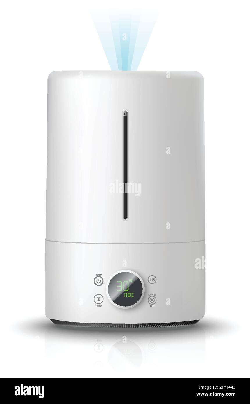 umidificatore d'aria vettoriale 3d realistico, isolato su sfondo bianco icona illustrazione. Sistema di pulizia e umidificazione dell'aria per la casa. Illustrazione Vettoriale