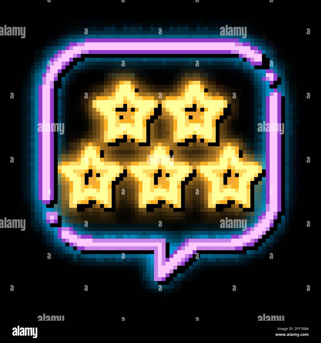 Cinque stelle nel riquadro di testo immagine con l'icona di un bagliore al neon Illustrazione Vettoriale