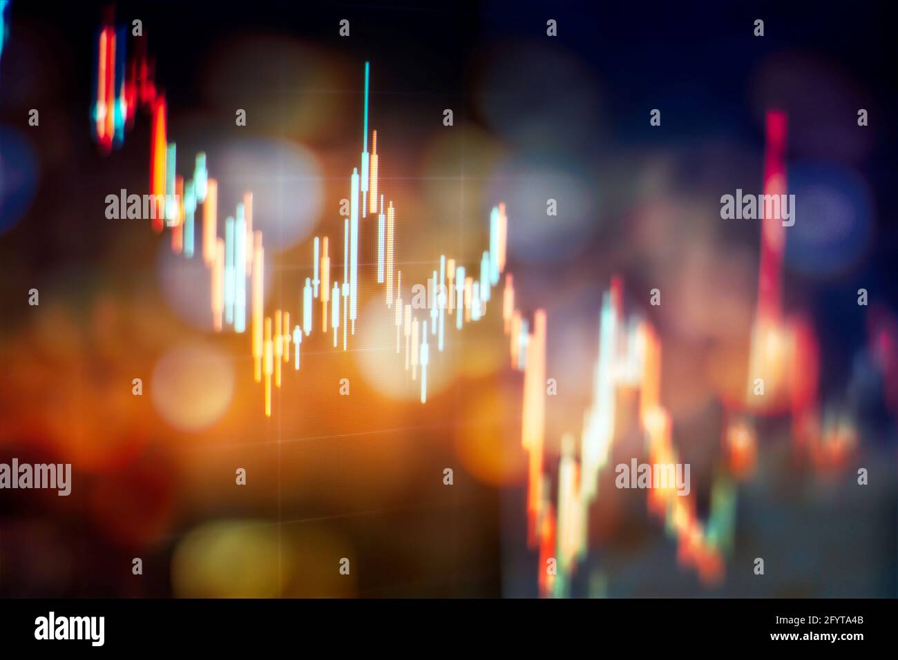 Astratto sfondo blu brillante del grafico forex con cerchi bokeh. Foto Stock