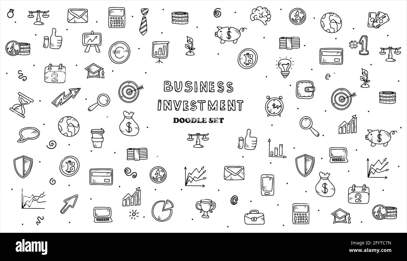 Icone di investimento finanziario. Icone finanziarie vettoriali disegnate a mano. Un grande set di immagini per il business. Illustrazione Vettoriale