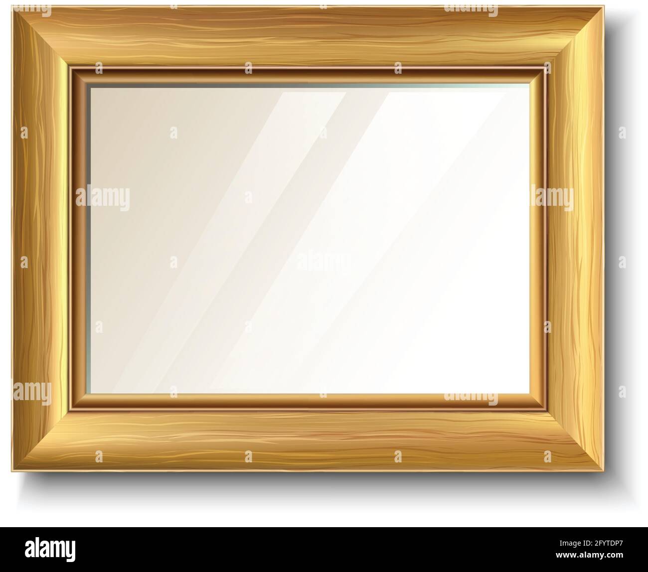 3d realistico vettore retro golden frame con texture in legno icona. Isolato su sfondo bianco. Orientamento orizzontale. Illustrazione Vettoriale