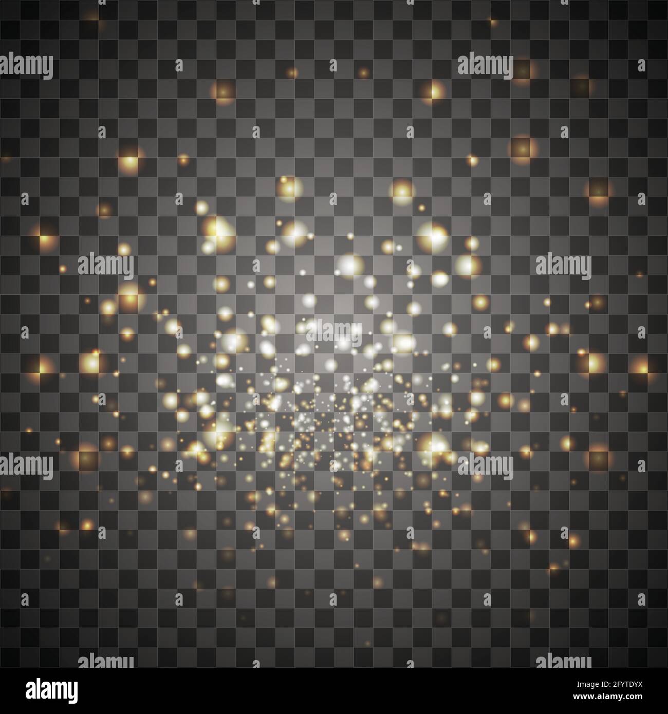 effetto bokeh esplosivo oro chiaro brillare . Luce luminosa e soleggiata con scintille. Illustrazione isolata. Illustrazione Vettoriale