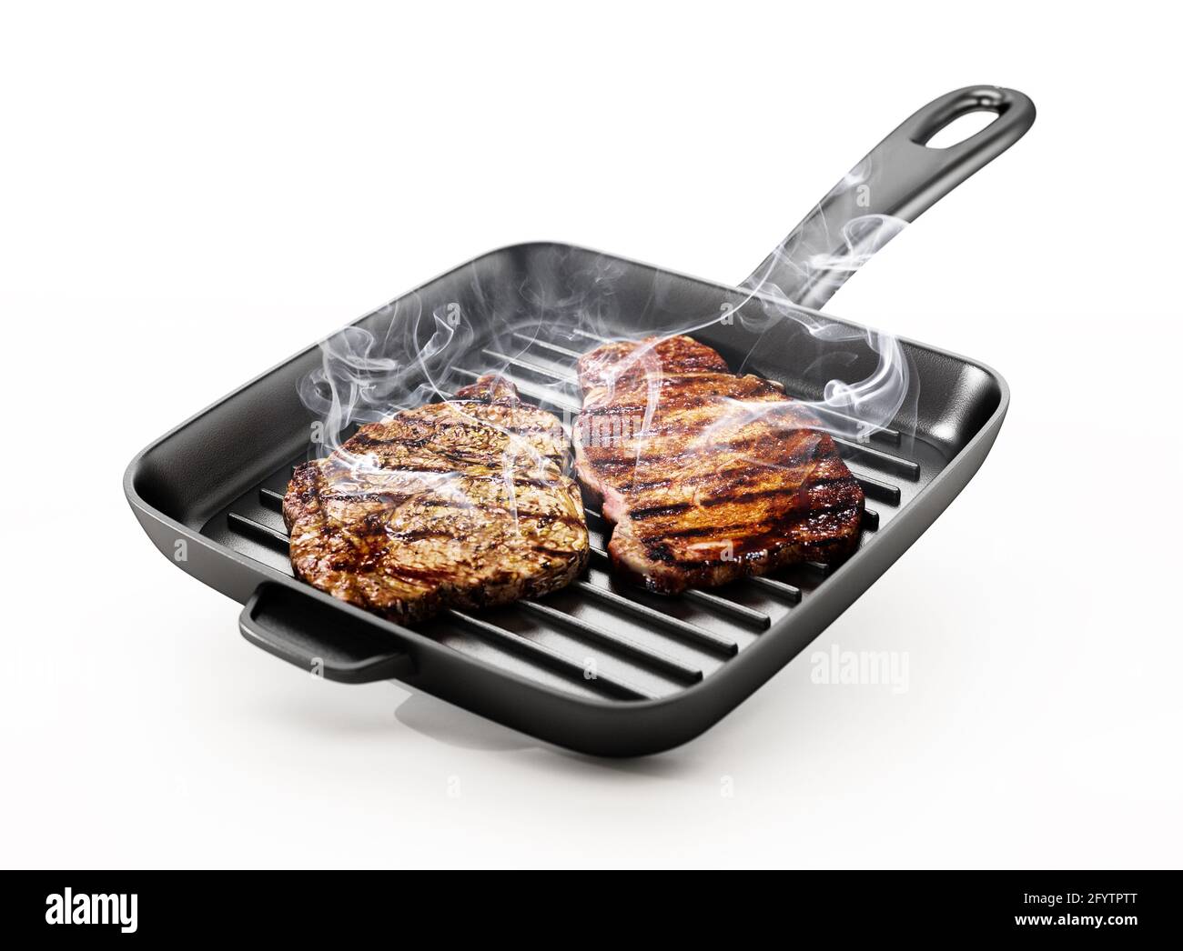 Bistecche alla griglia in padella calda. Illustrazione 3D. Foto Stock