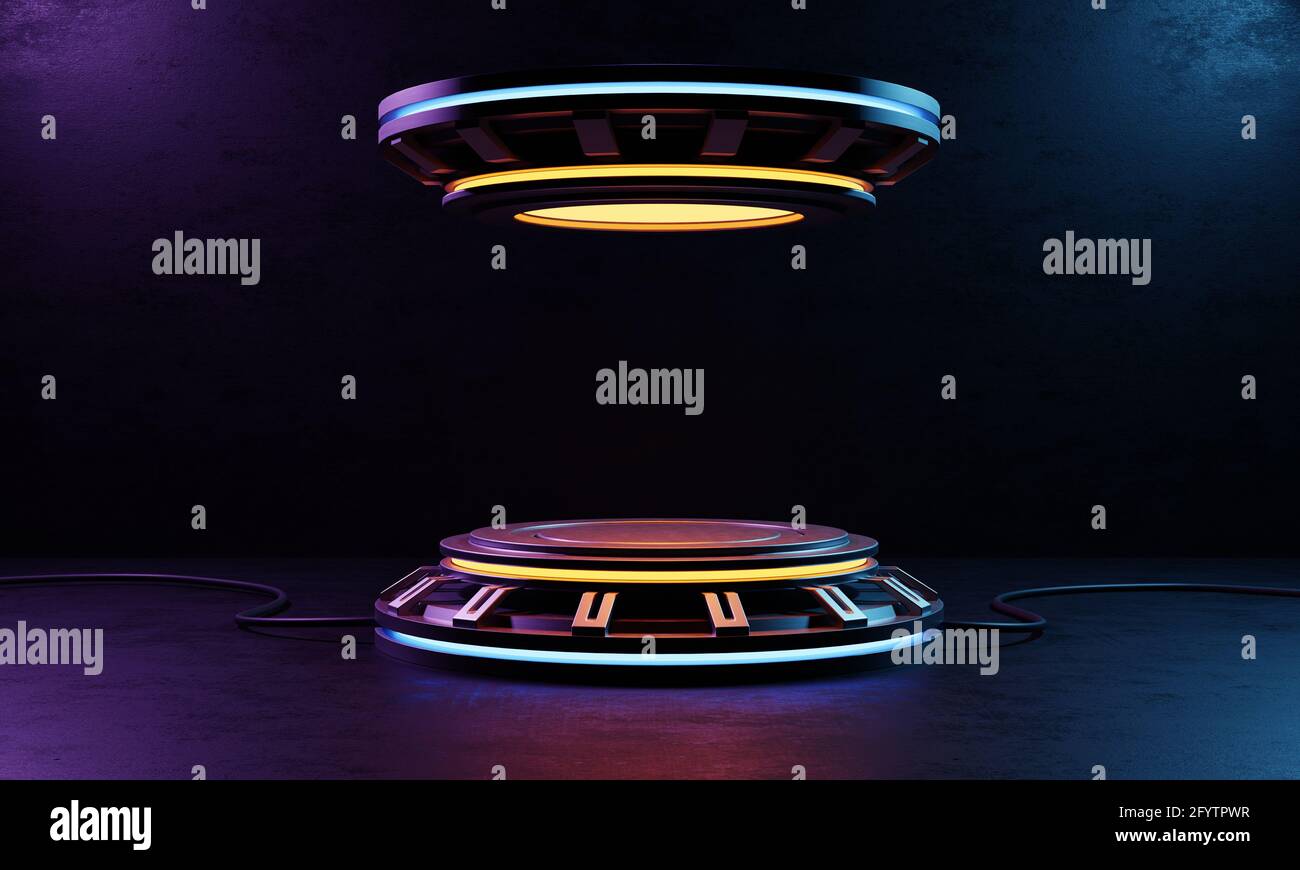 Cyberpunk prodotto podio piattaforma studio con luce blu giallo e viola su grunge stile textured in sfondo astronave. Tecnolog Futuristica Foto Stock