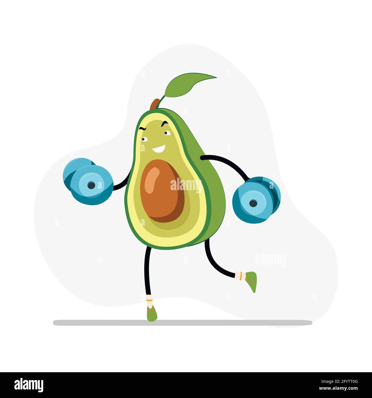 Avocado sano sollevamento pesi, esercizio vettoriale in palestra, carattere naturale fare fitness e illustrazione allenamento. Avocado squishmallow con dumbell, fitn Illustrazione Vettoriale