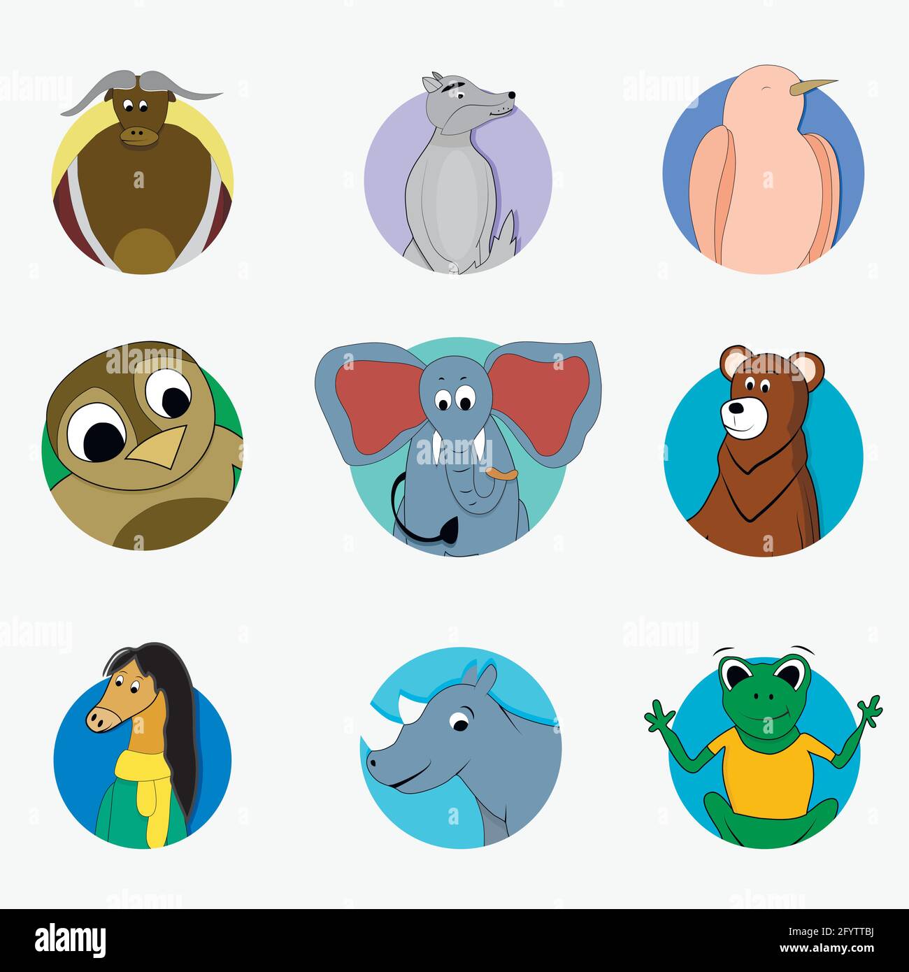 Adesivi divertente avatar mascotte, songbird e gufo, orso e elefante, creatura selvaggia toro e lupo, cartone animato avatar zoo. Illustrazione vettoriale Illustrazione Vettoriale