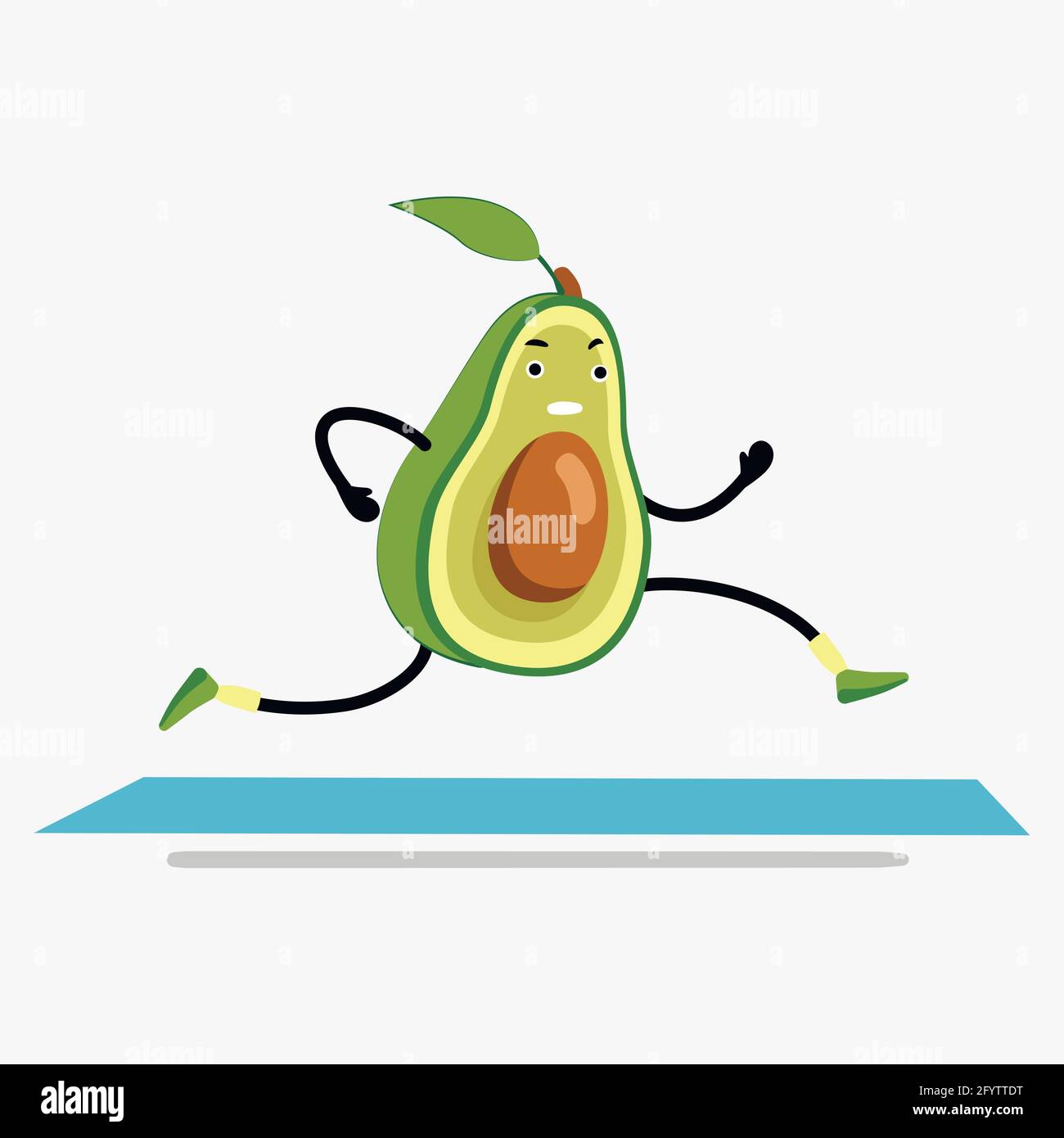 Avocado corsa o jogging su tapis roulant cartoon. Sport sano in palestra, frutta divertente e felice per la salute, divertente allenamento fitness. Illustratore vettore Illustrazione Vettoriale