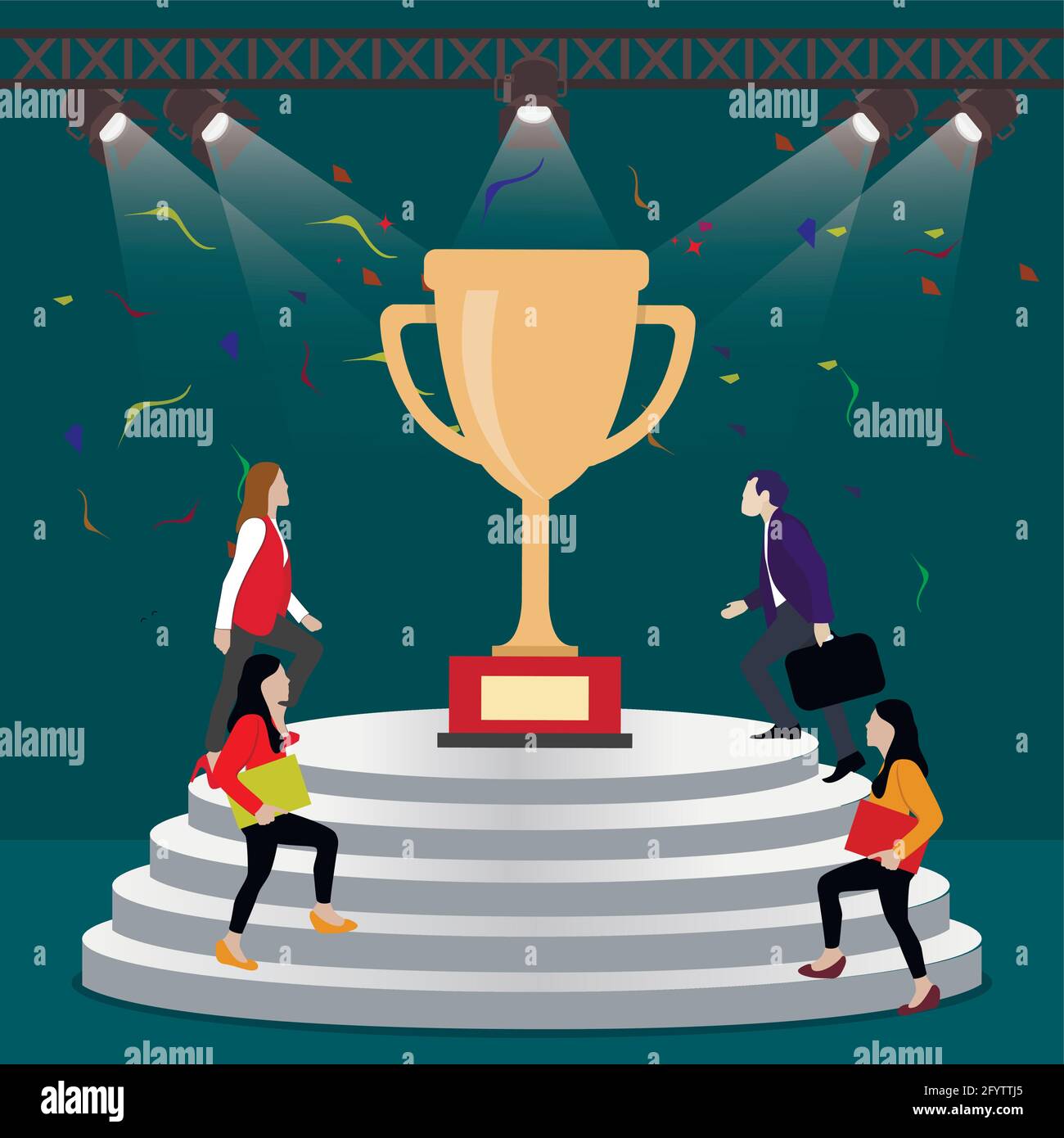 Le persone salgono sulle scale per la tazza d'oro, business competitive concetto. Uomo d'affari che va al successo, illustrazione o concorrenza di leadership, responsabile Illustrazione Vettoriale