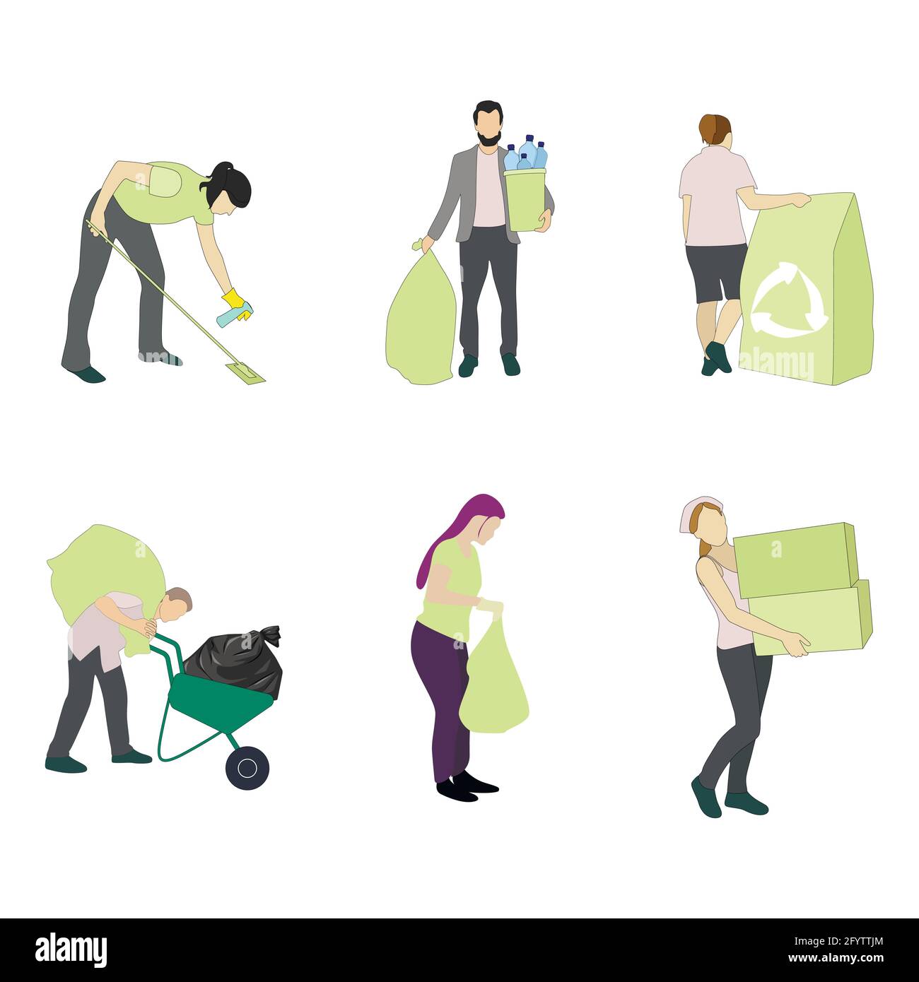 Uomo donna raccogliere rifiuti e rifiuti, raccogliere rifiuti in pacchetto. Illustrazione pulizia rifiuti e rifiuti, raccolta e raccolta rifiuti, ecologia sicura e. Illustrazione Vettoriale