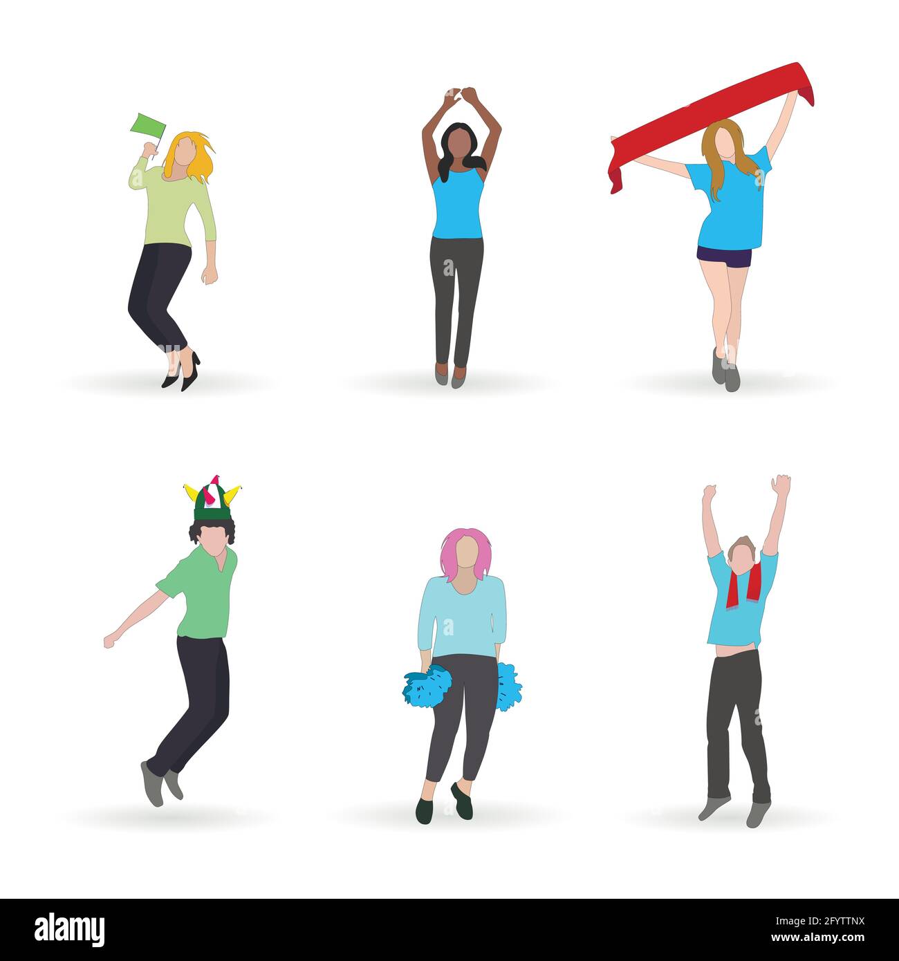 Footballs tifosi ragazzo e ragazza isolato, donna tifosa con sciarpa della squadra preferita sport. I giovani festeggiando e celebrando i vettori, sostengono il divertimento e la chiacchiera Illustrazione Vettoriale