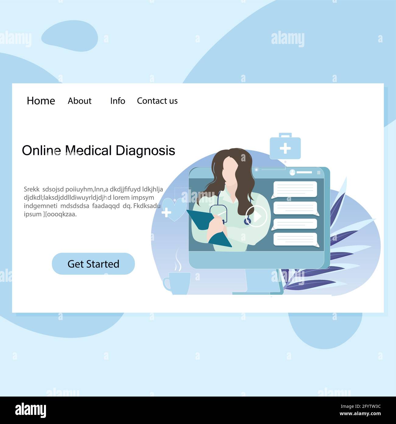 Diagnosi medica online, assistenza remota, consulenza medica. Concetto medico, medico con stetoscopio, video comunicazione la Illustrazione Vettoriale