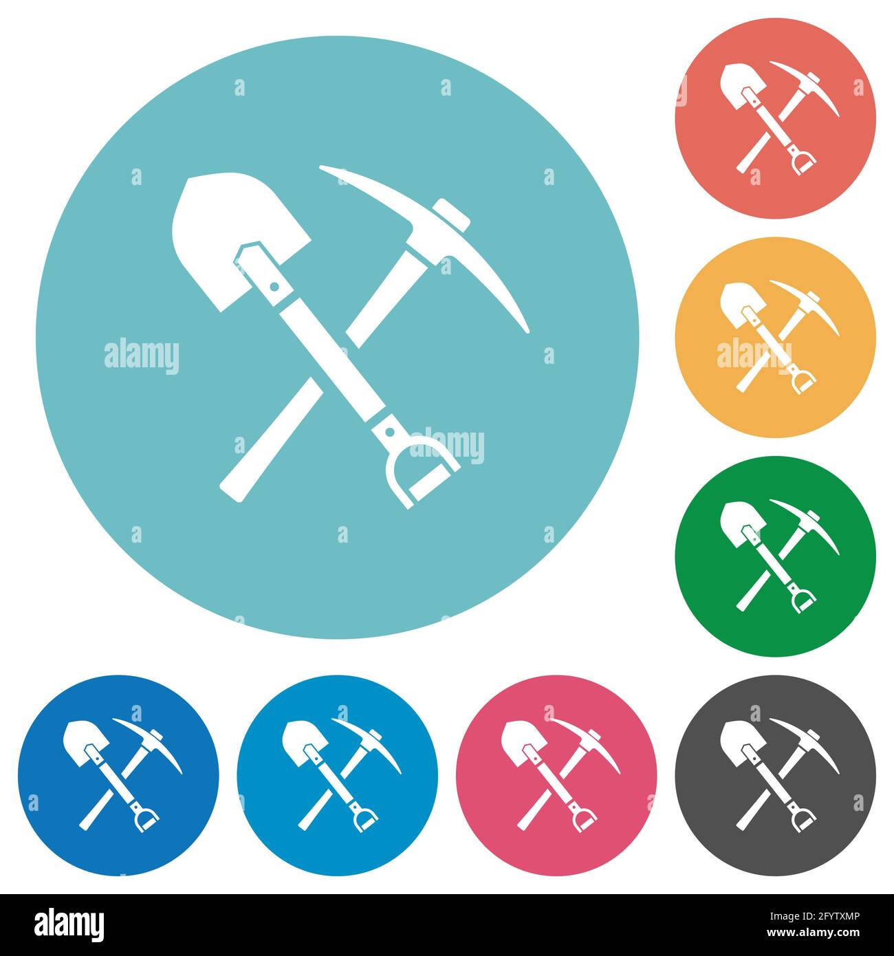 icone bianche piatte a paletta e piccone su sfondi rotondi di colore Illustrazione Vettoriale