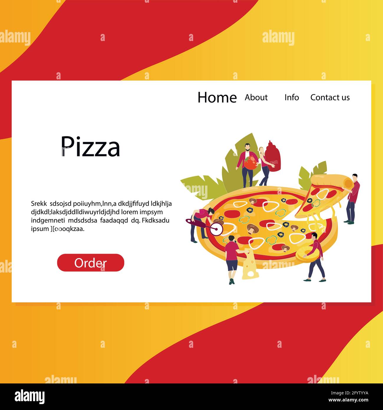 Pizzeria pagina di destinazione web, sito web per fare ordine, veloce ordinazione pizza deliziosa per gli amici. Template page per il fast food italiano, assaggiate e gustose Illustrazione Vettoriale