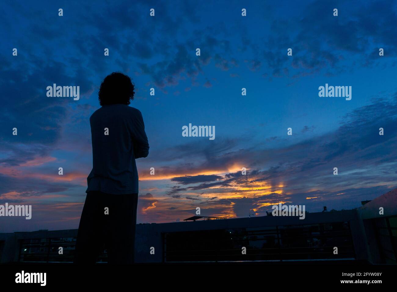 Una persona che guarda il cielo serale al tramonto. Foto Stock