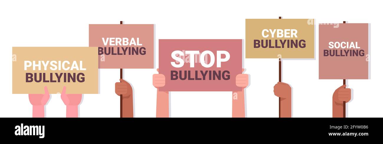 mix di mani attivisti corsa tenendo fermi i banner bullismo ansia sociale concetto di psicoterapia Illustrazione Vettoriale