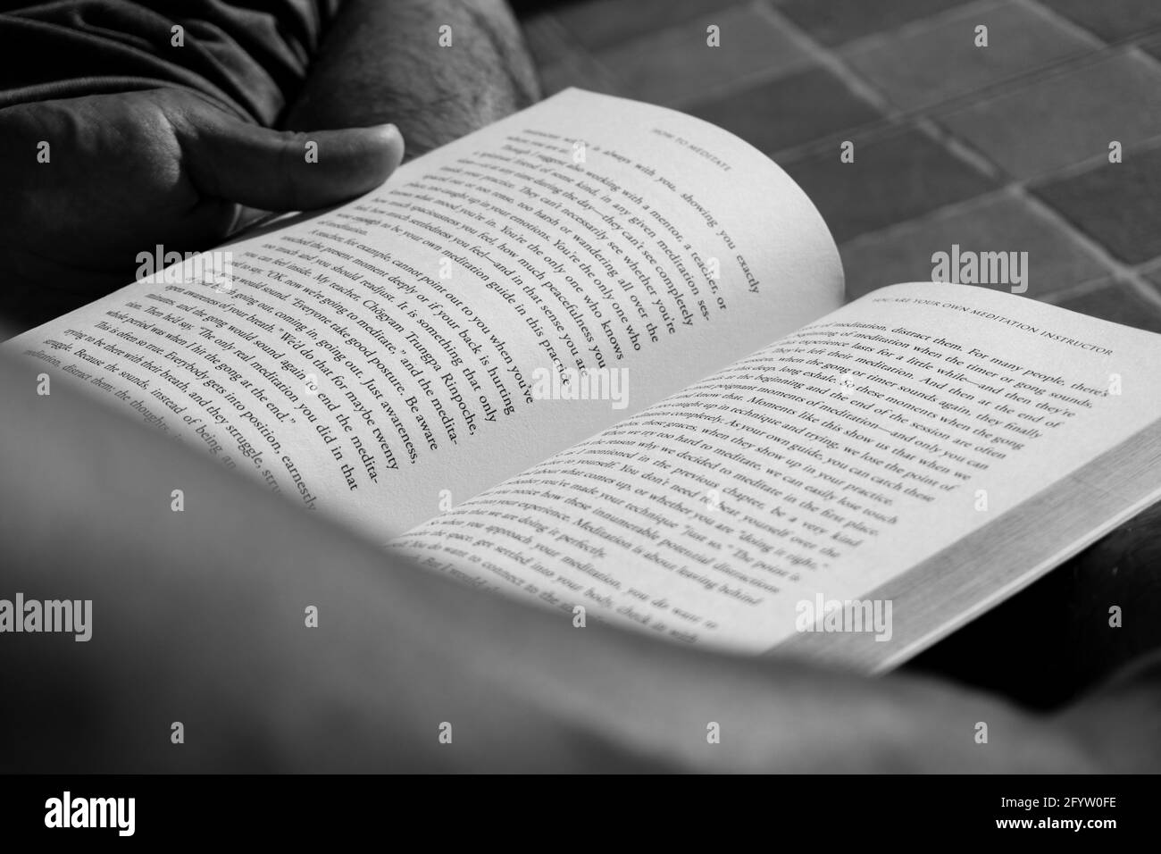 Un primo piano di una persona che legge un libro in bianco e nero. Foto Stock