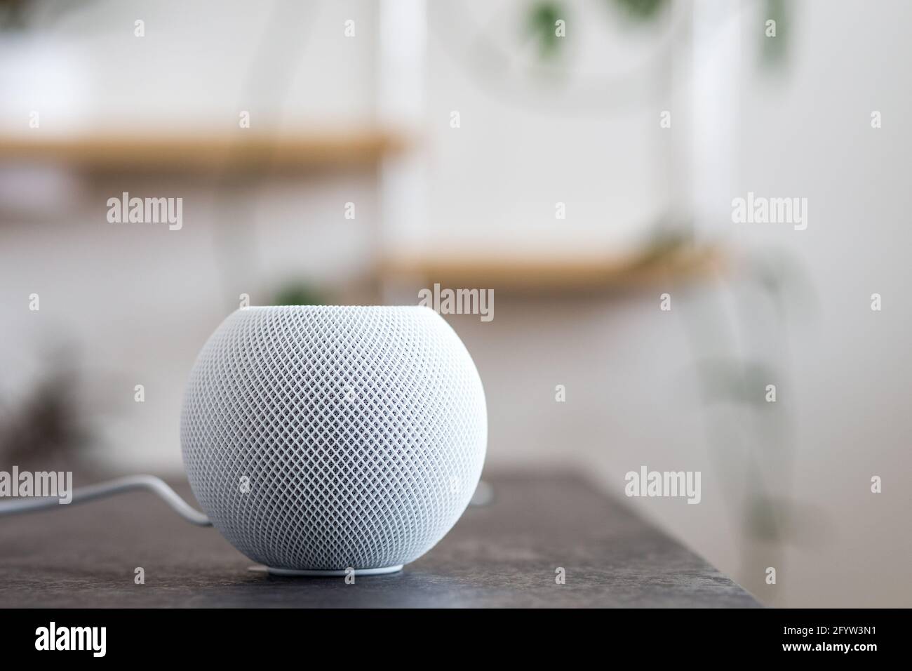 Altoparlante intelligente sulla scrivania da tavolo, controllo vocale, dispositivo, assistente domestico intelligente, streaming di musica Foto Stock