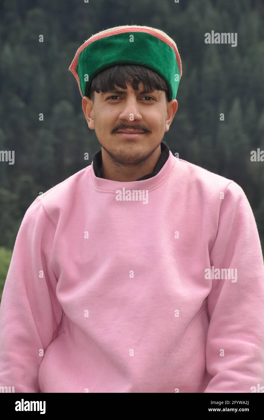Ritratto di un bel giovane ragazzo che indossa felpa rosa e himachali topi (cappellino tradizionale Himachali), un bell'uomo indiano del nord in piedi all'aperto guardando la macchina fotografica Foto Stock
