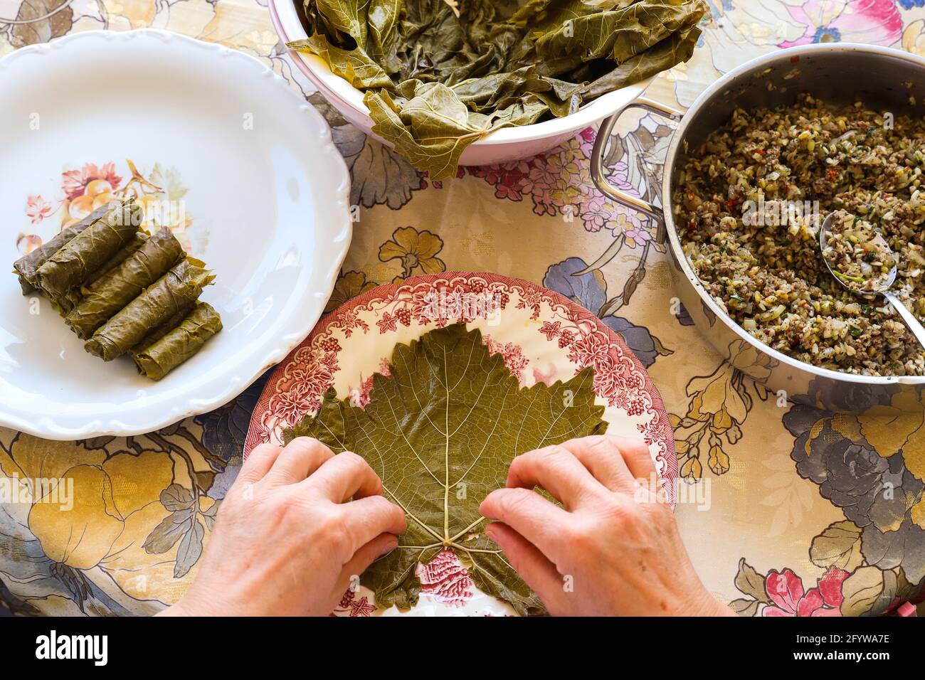 Mani donna, preparazione di piatti tradizionali turchi e greci foglie d'uva farcite, concetto alimentare. Foto Stock