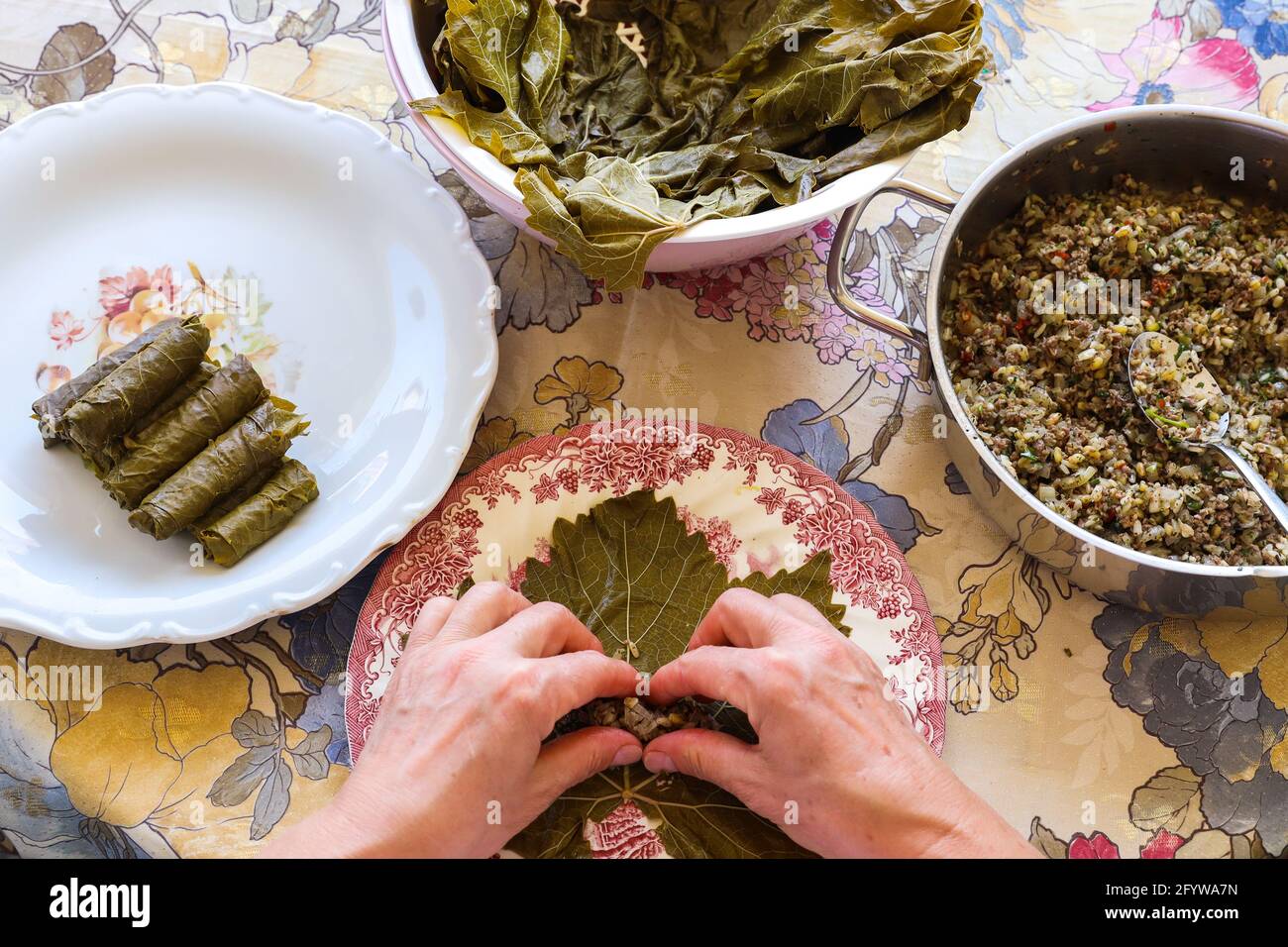 Mani donna, preparazione di piatti tradizionali turchi e greci foglie d'uva farcite, concetto alimentare. Foto Stock