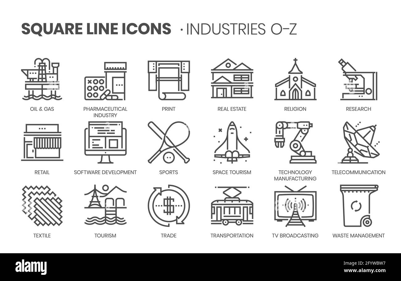 Set di icone vettoriali a linee quadrate per applicazioni e sviluppo di siti Web. Il set di icone è pixelperfect con griglia 64x64. Realizzato con p Illustrazione Vettoriale