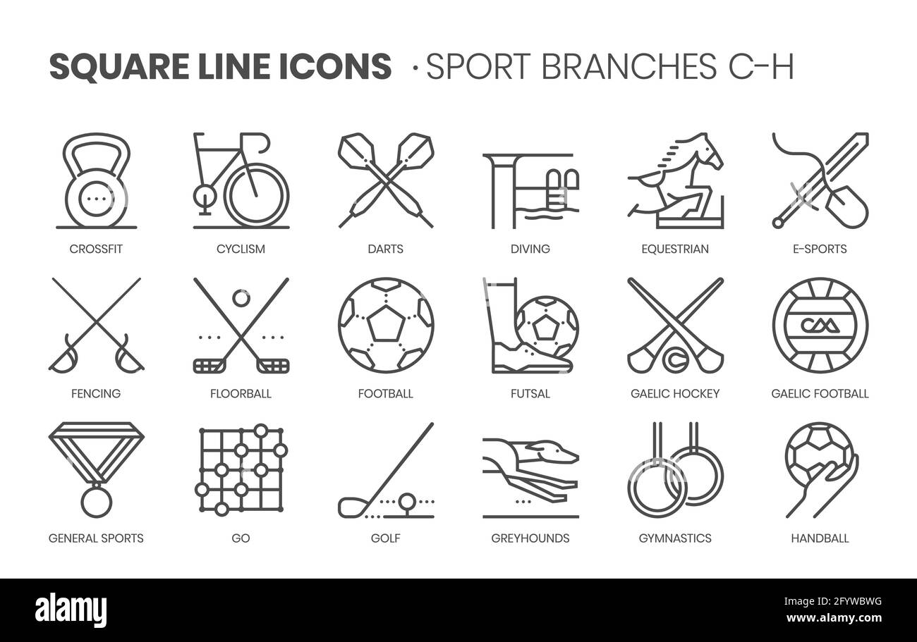 Settore sportivo, insieme di icone vettoriali a linea quadrata per applicazioni e sviluppo di siti web. Il set di icone è pixelperfect con griglia 64x64. wi predisposto Illustrazione Vettoriale