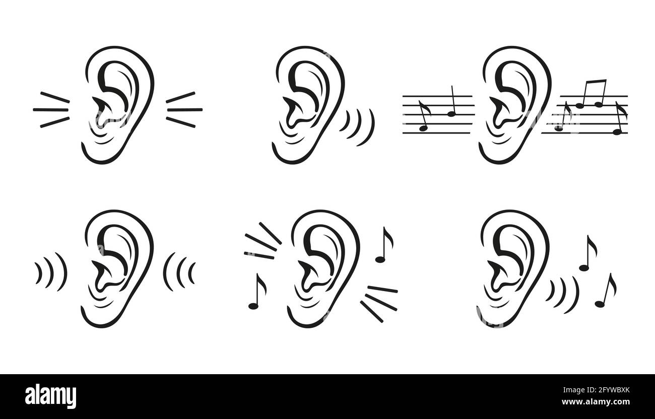 Set di icone per test uditivo, orecchio. Percezione del suono. L'uomo sente rumori forti o musica. Volume di livello. Perdita di ascolto. Ricevere informazioni, notizie. Vettore di contorno Illustrazione Vettoriale